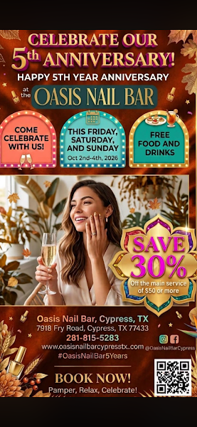 Oasis Nail Bar(30%Mo-Wed 20%Thu-Sun on main service of $50.00 or more for every customer )