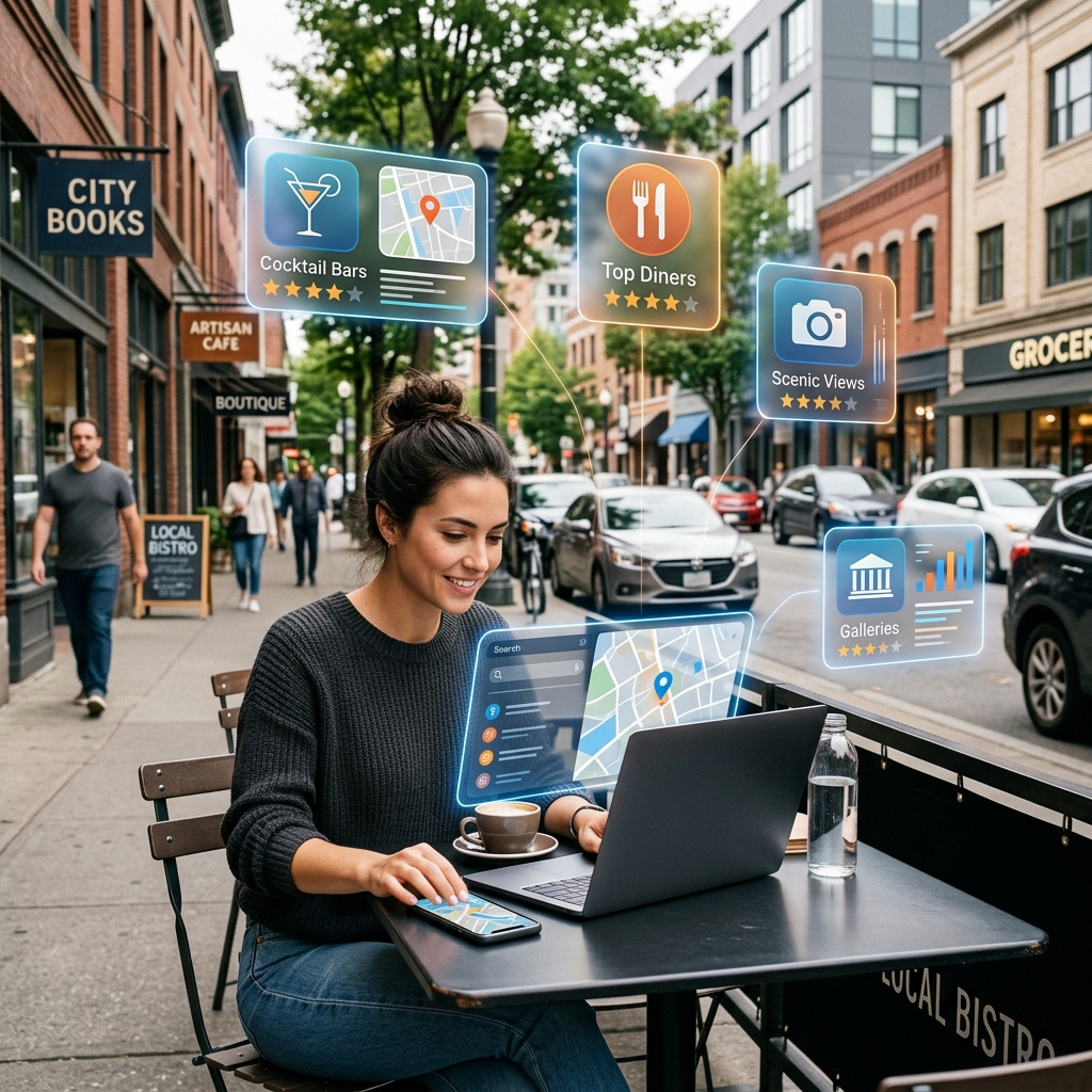 AI local search recommendation on phone and laptop