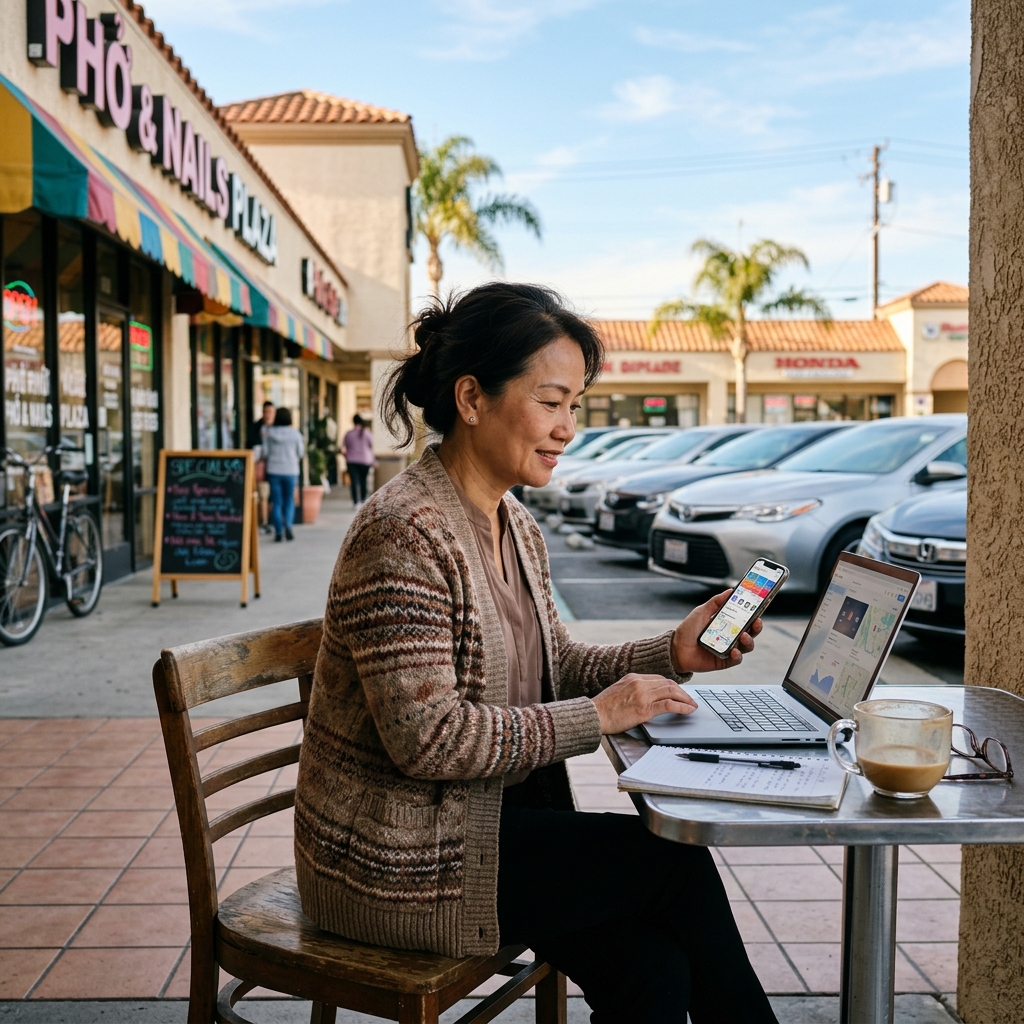 Chủ business kiểm tra thông tin online trên laptop và điện thoại