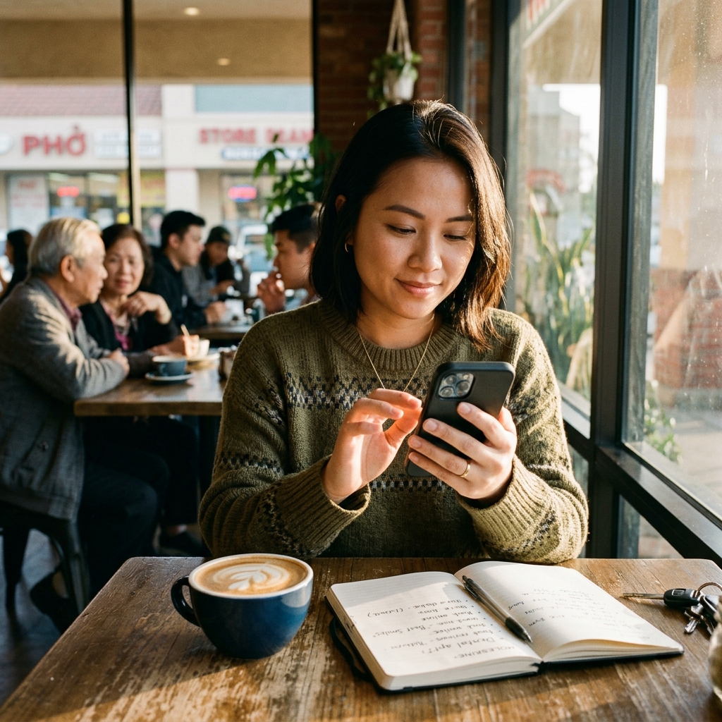 Khách kiểm tra review và checklist trước khi đặt lịch