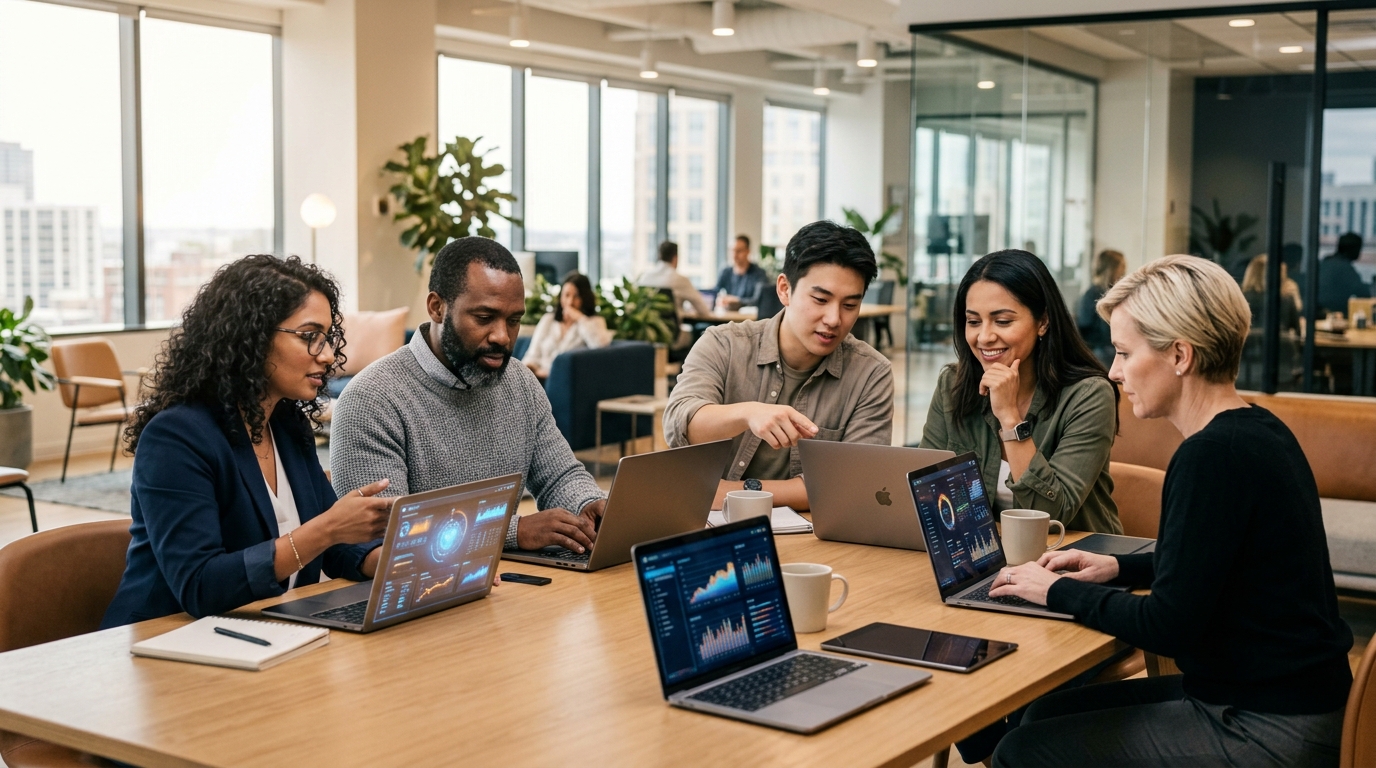 A team using AI tools together in a workplace