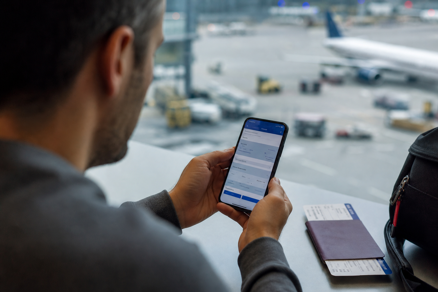 Hành khách kiểm tra app hãng bay để xem refund và rebooking
