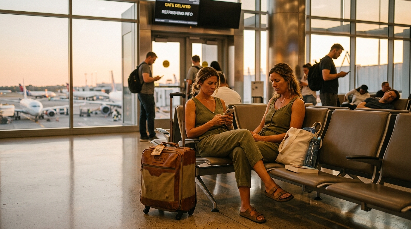 A traveler waiting during a summer flight delay