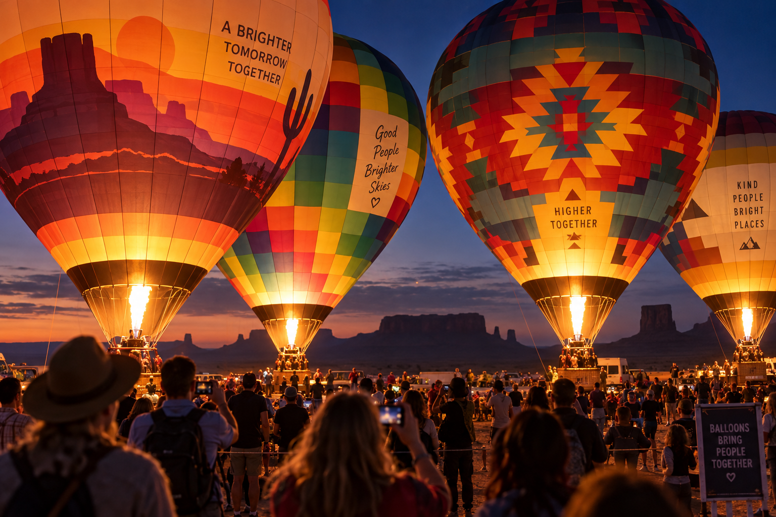 Colorful hot air balloons tethered on the ground illuminating simultaneously like giant glowing paper lanterns against a deep twilight dusk desert sky