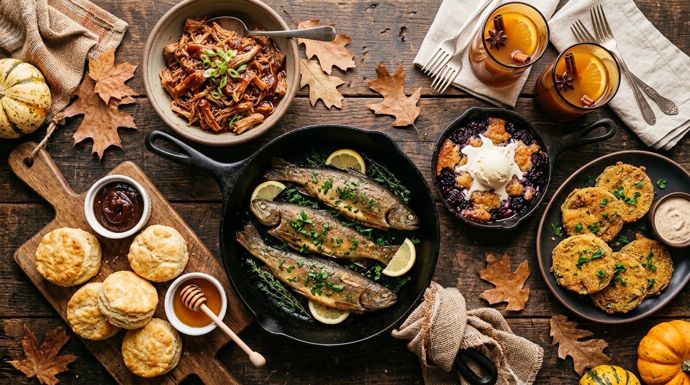 Appalachian mountain culinary feast with pan-fried brook trout and buttermilk biscuits