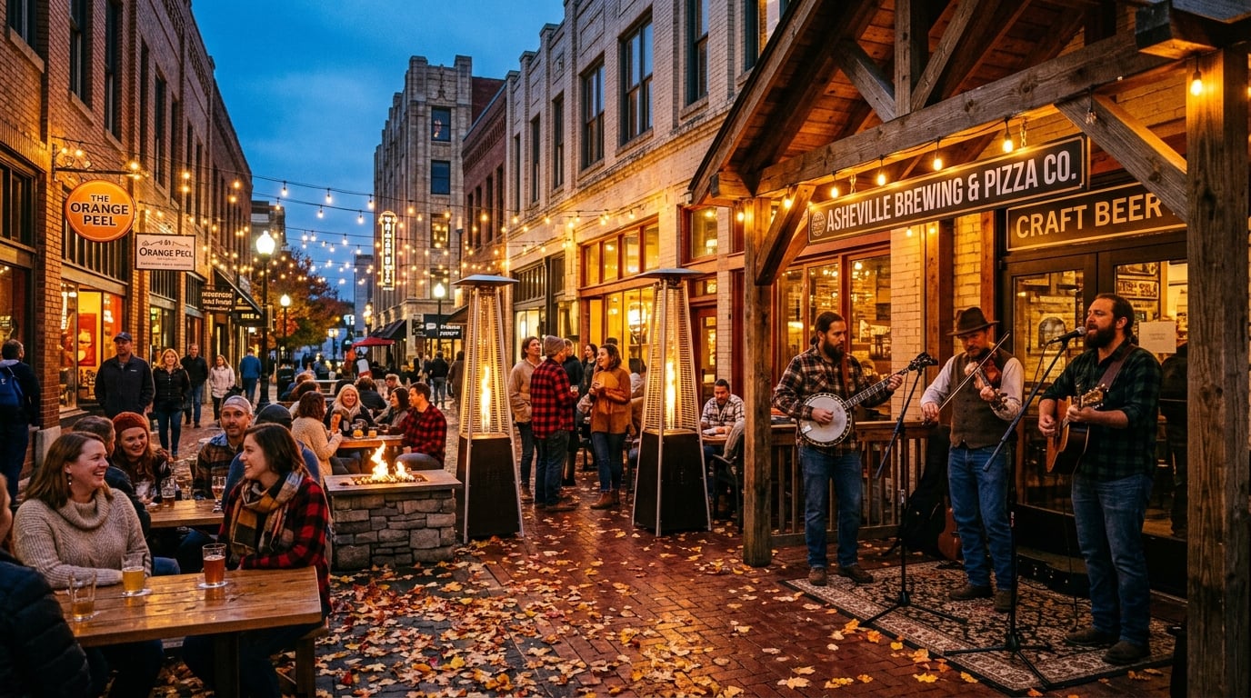 Downtown Asheville historic street scene with live mountain bluegrass music