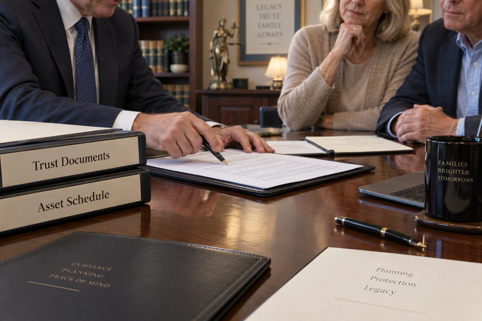 An estate planning attorney reviewing trust documents and asset schedules with clients in a professional law office conference room