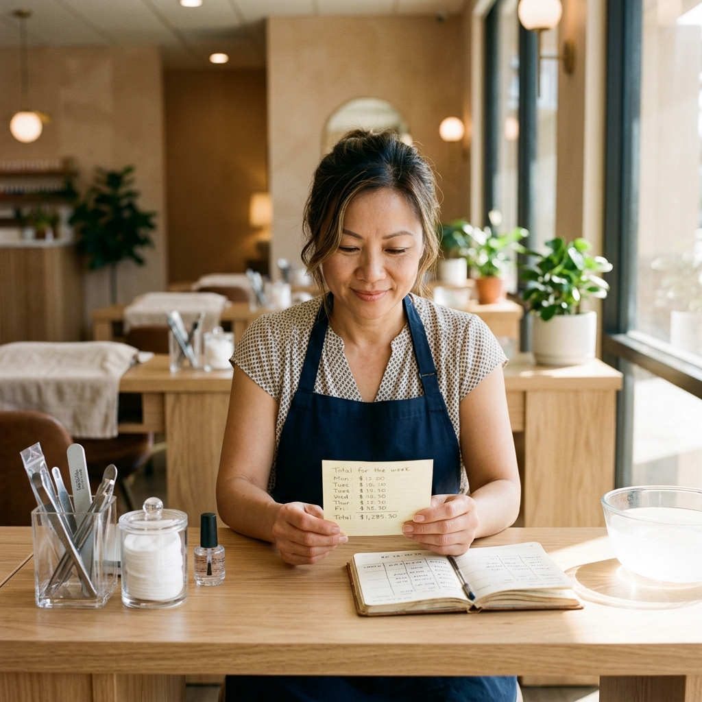 Thợ nail coi lịch làm và tiền tuần trước khi nhận job