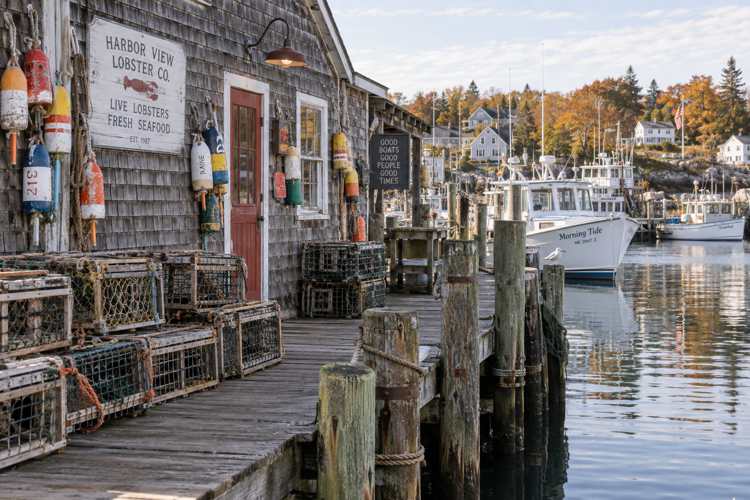 Historic wooden lobster shack and fishing pier in Maine with weathered cedar shingle walls and colorful hanging buoys