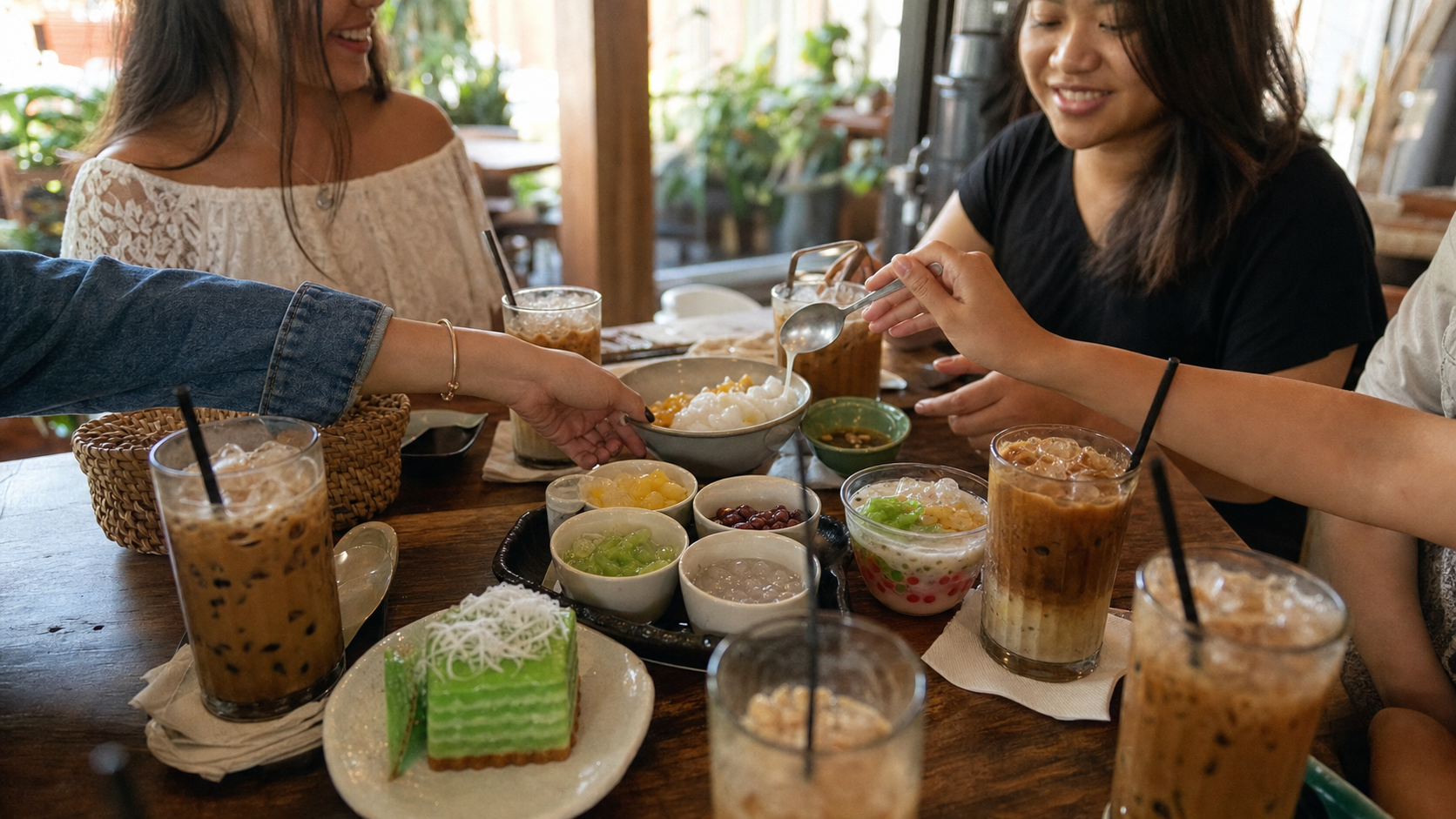 Vietnamese dessert and coffee table in a cozy Little Saigon cafe