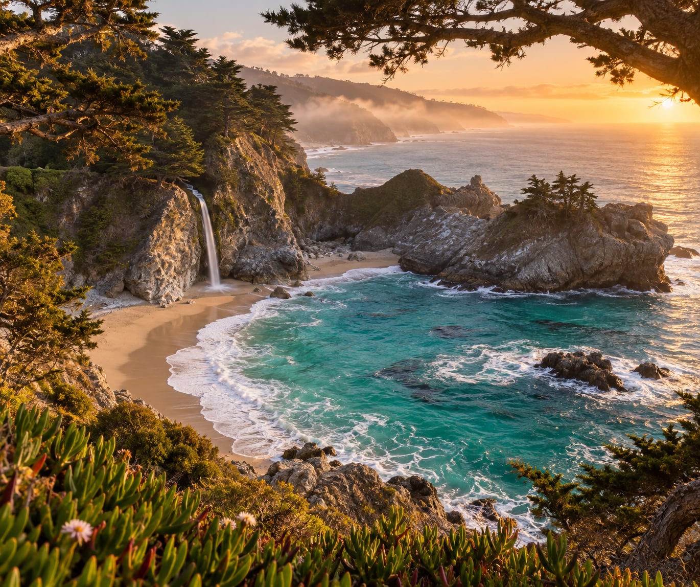 An eye-level atmospheric nature photograph of McWay Falls in Big Sur California with an eighty-foot waterfall tumbling down granite cliffs onto an untouched sandy beach cove with turquoise ocean waves