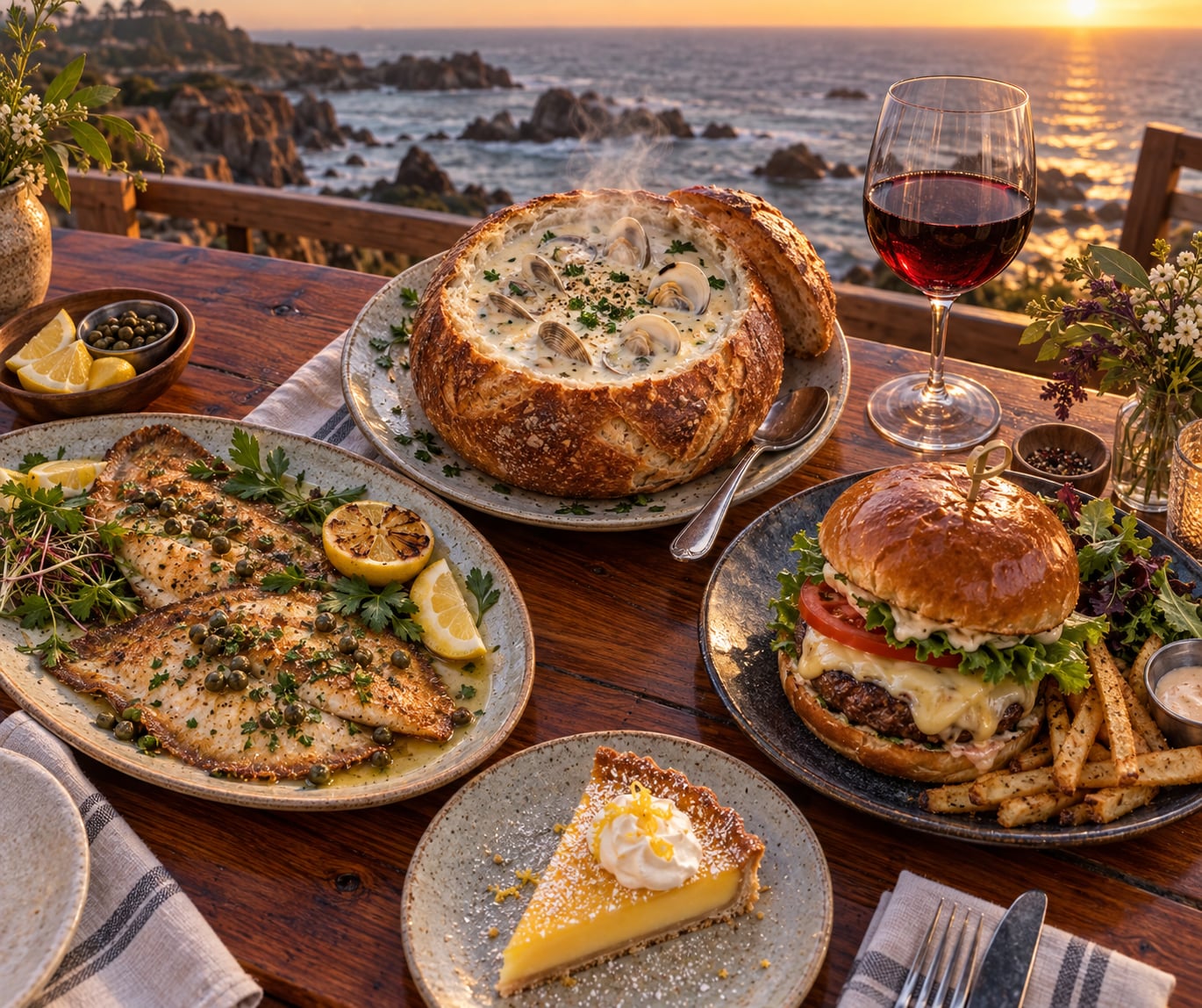 An overhead flat-lay photograph of a fresh Pacific coastal feast on a redwood table featuring a sourdough bread bowl of clam chowder, pan-seared sand dabs, an ambrosia burger, and Pinot Noir wine