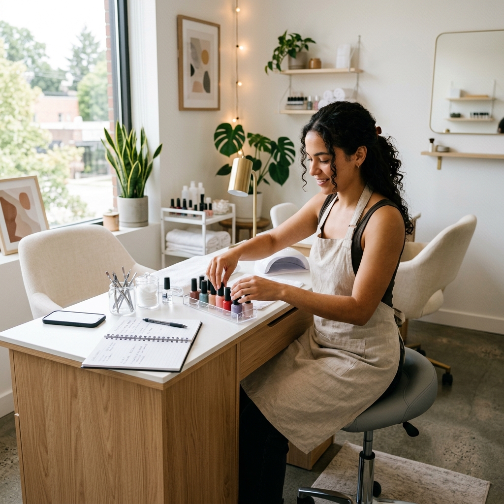 Independent nail tech setting up a booth rental space