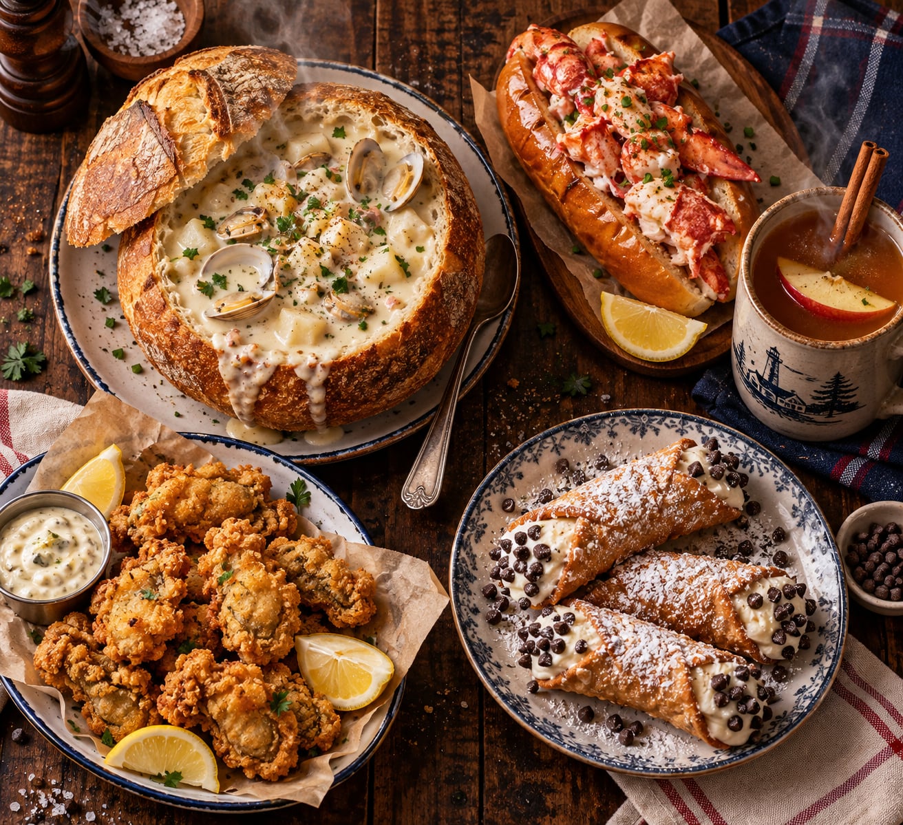 An overhead flat-lay food photograph of an authentic classic Boston New England feast arranged on a dark rustic wooden table, featuring a steaming sourdough bread bowl overflowing with rich clam chowder, a warm buttery brioche lobster roll packed with tender knuckle and claw lobster meat, a plate of crisp Italian cannoli dusted with powdered sugar