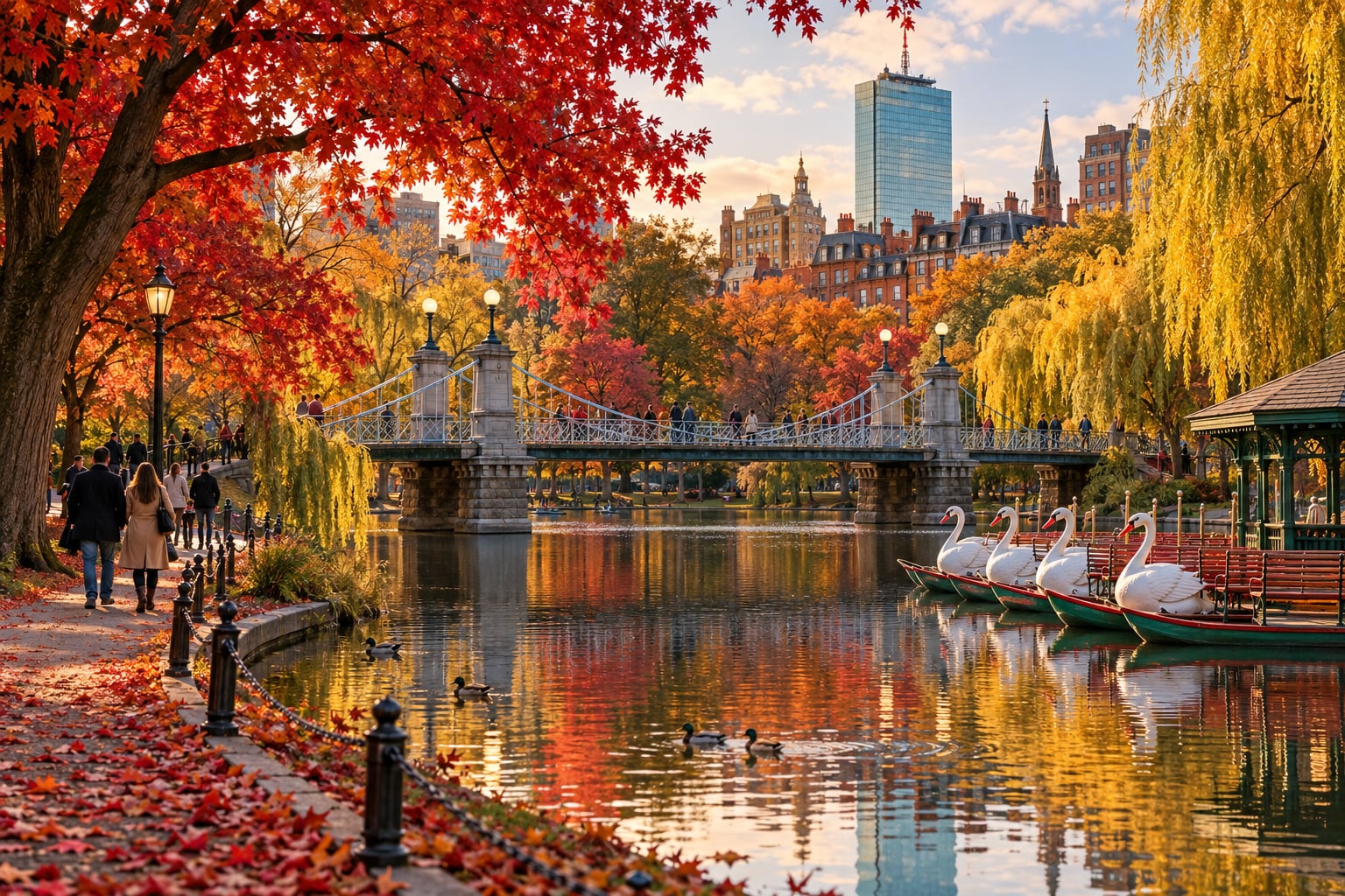 An eye-level atmospheric afternoon photograph of the iconic suspension footbridge in the Boston Public Garden in autumn, flaming red and golden weeping willows and oak trees framing the calm lagoon with historic Swan Boats resting on the water, pedestrians in cozy autumn coats strolling along manicured paths