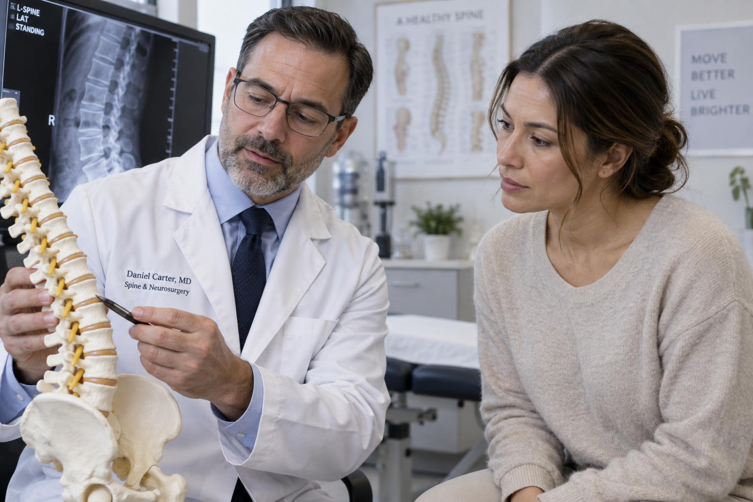 A physician examining a patient and reviewing spine and neck imaging in a modern medical consultation room