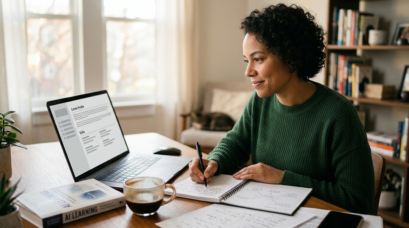 A worker updating career materials and learning AI skills