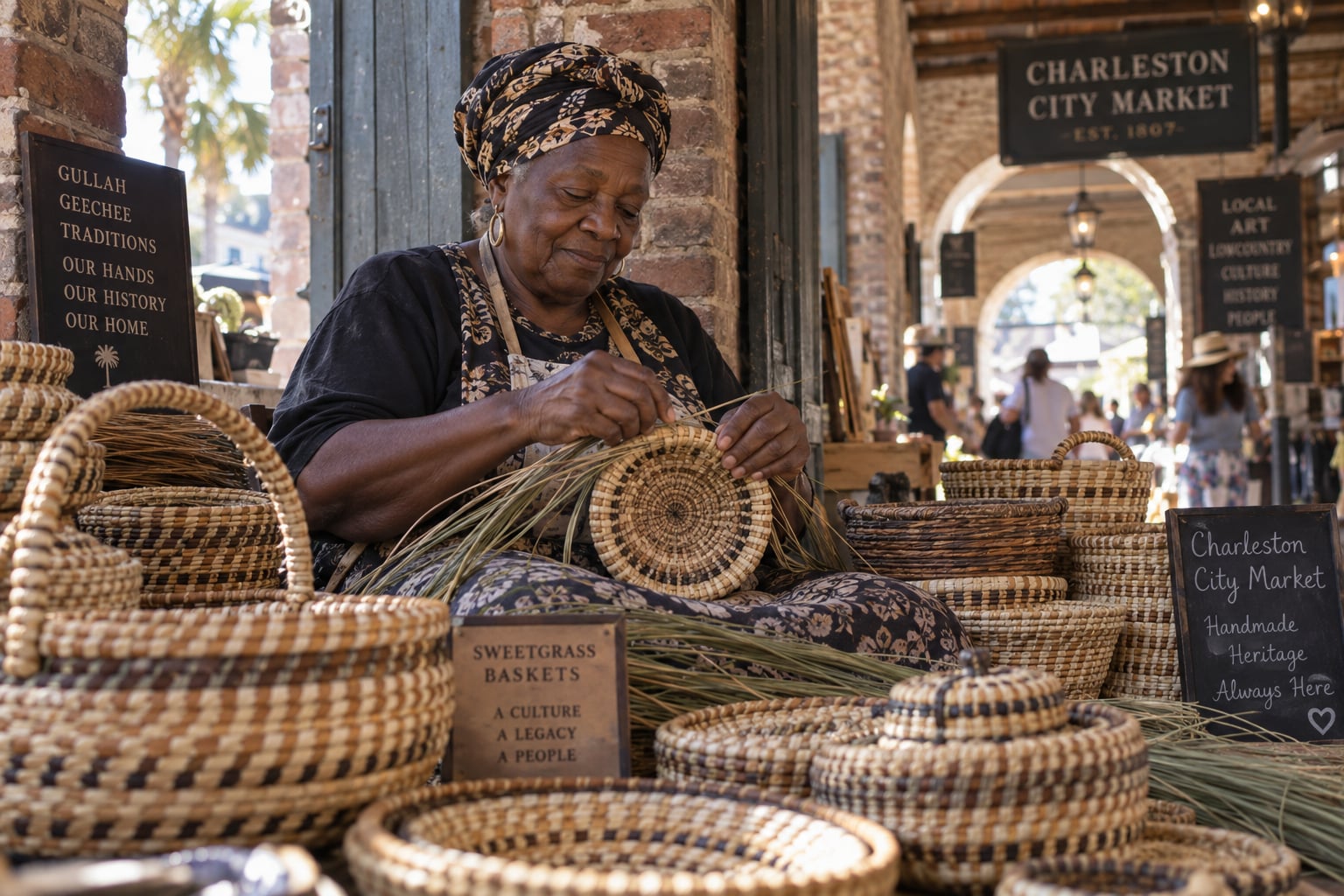 An eye-level atmospheric photograph inside the historic Charleston City Market showing a Gullah Geechee craftswoman hand-weaving sweetgrass baskets under historic brick arches