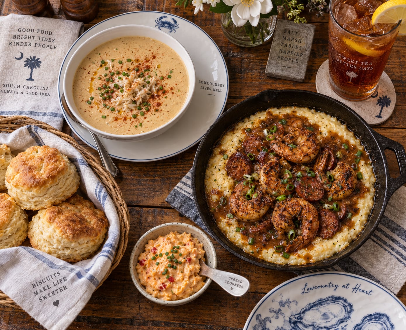 An overhead flat-lay photograph of an authentic Lowcountry culinary feast featuring creamy she-crab soup, shrimp and grits in a cast-iron skillet, buttermilk biscuits with pimento cheese, and iced sweet tea