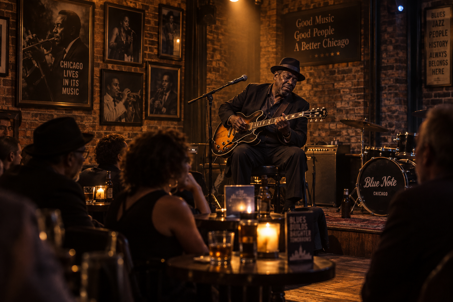 An eye-level atmospheric photograph inside a legendary Chicago blues and jazz club with a musician playing an electric guitar under warm golden spotlight glow surrounded by vintage brick walls