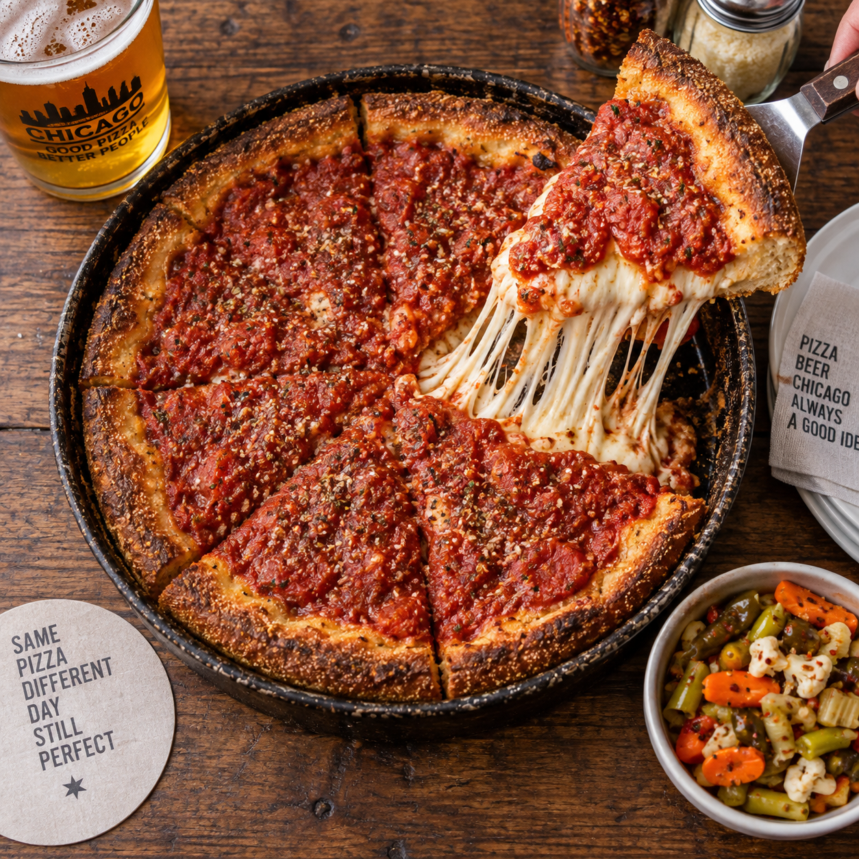 An overhead flat-lay photograph of an authentic Chicago deep-dish pizza fresh from a seasoned round pan with a long stretch of molten mozzarella cheese, thick chunky tomato sauce, and browned cornmeal crust
