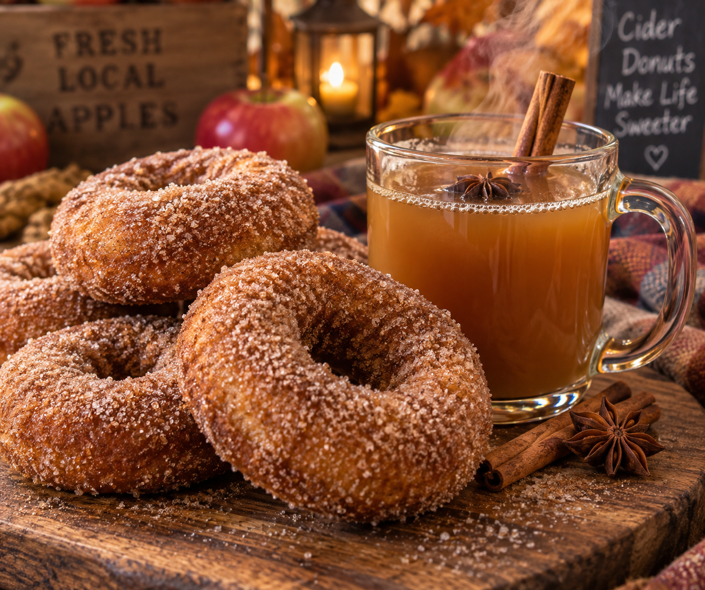 Freshly fried apple cider donuts dusted in cinnamon sugar arranged on a rustic wooden board next to a steaming glass mug of spiced apple cider