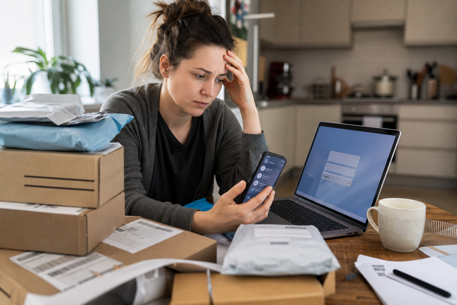 A kitchen table becomes the control center for returns, accounts, deliveries and small unresolved tasks