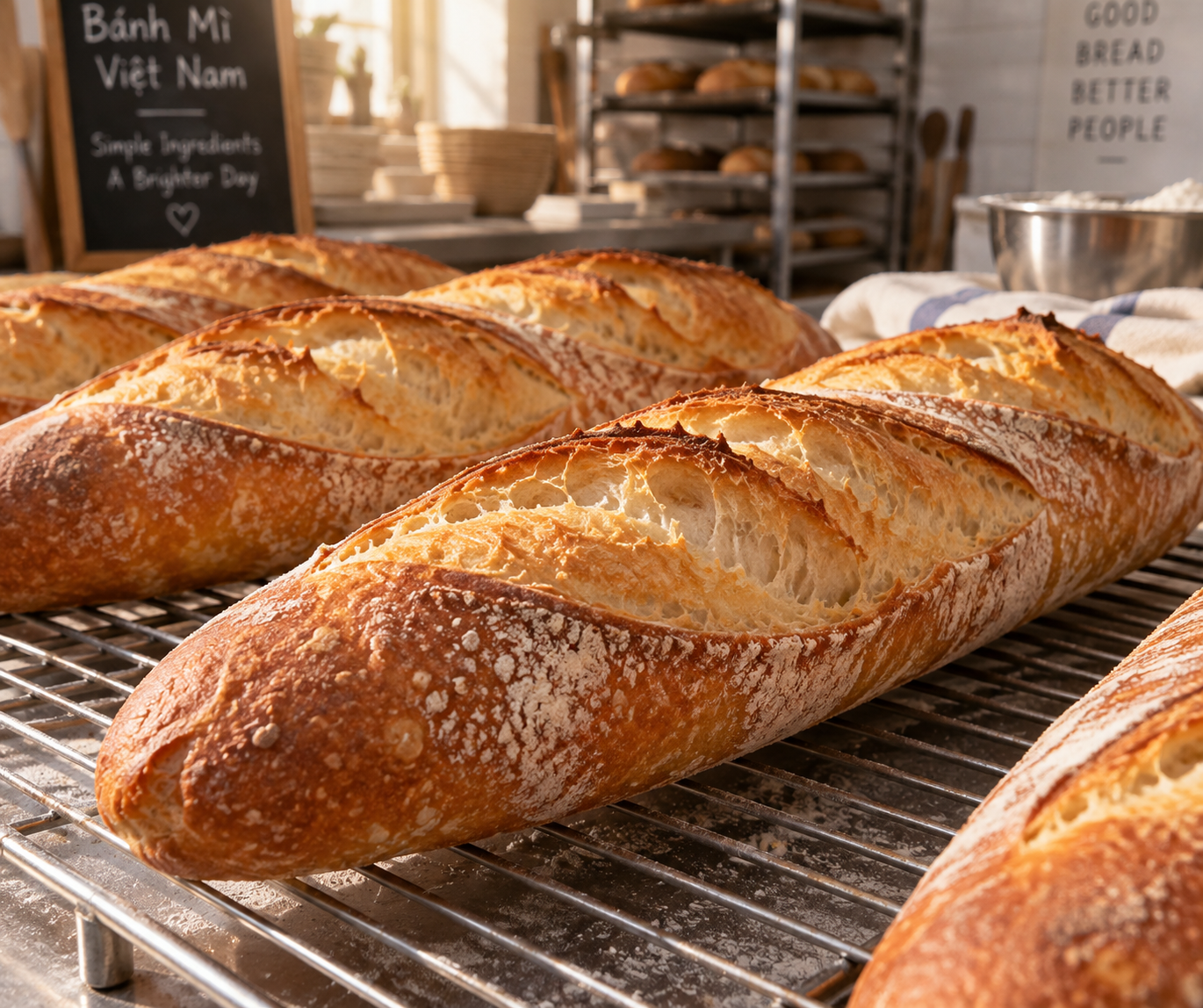 Freshly baked Vietnamese baguettes cooling on an artisan bakery metal rack with blistered crackling crusts