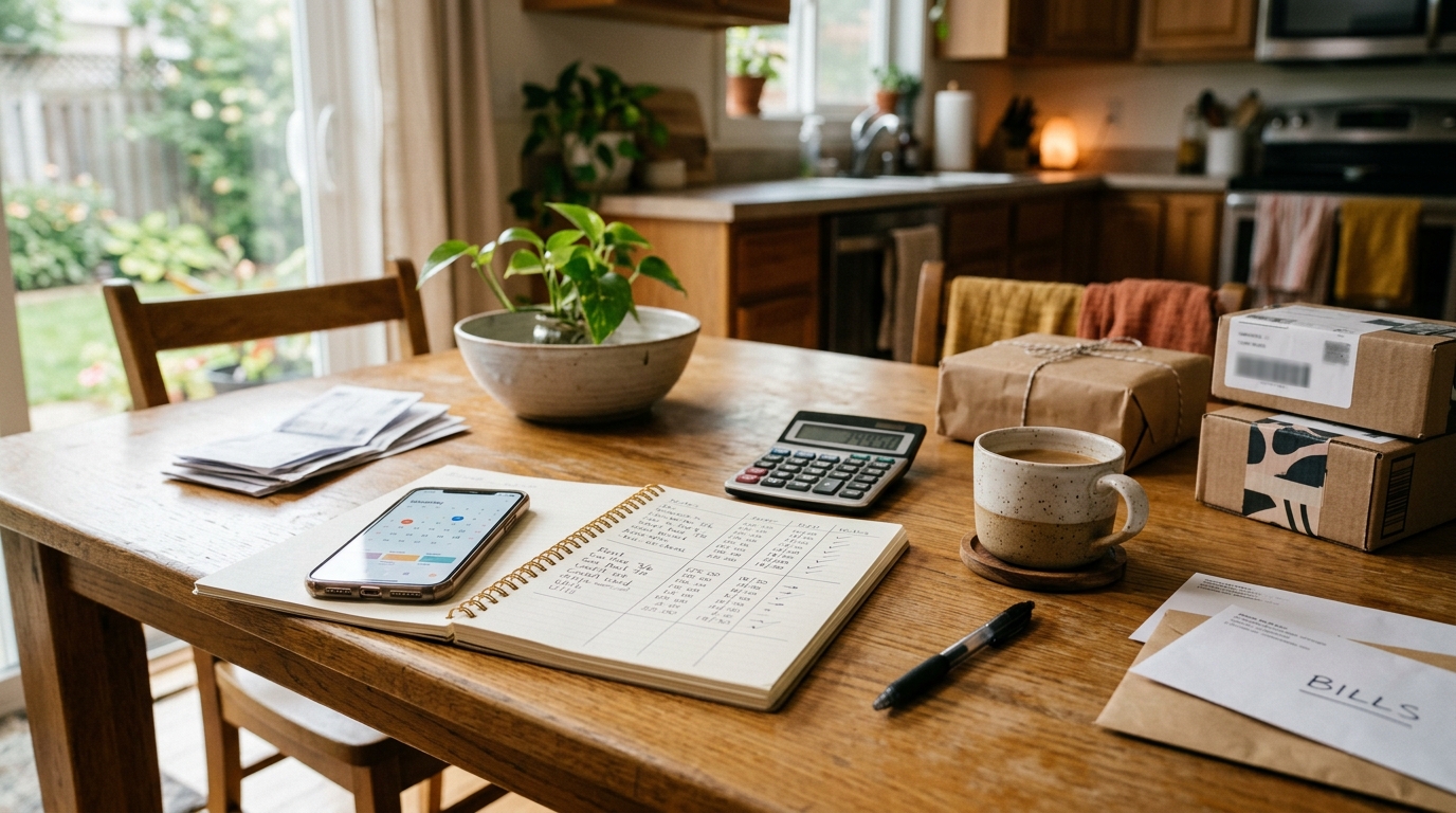 A payment calendar and budget notebook on a kitchen table