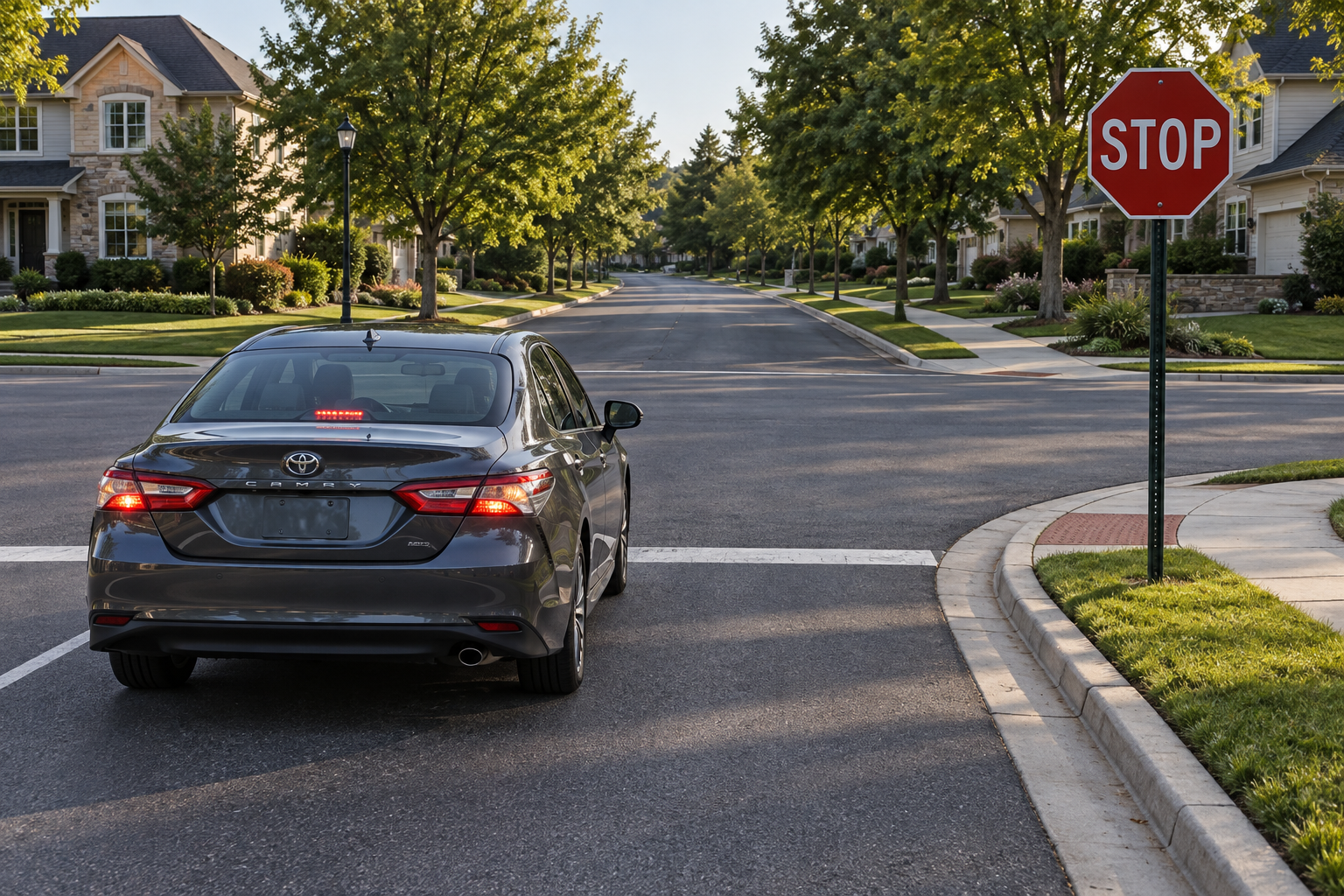 A car coming to a complete stop behind the limit line at a residential stop sign intersection