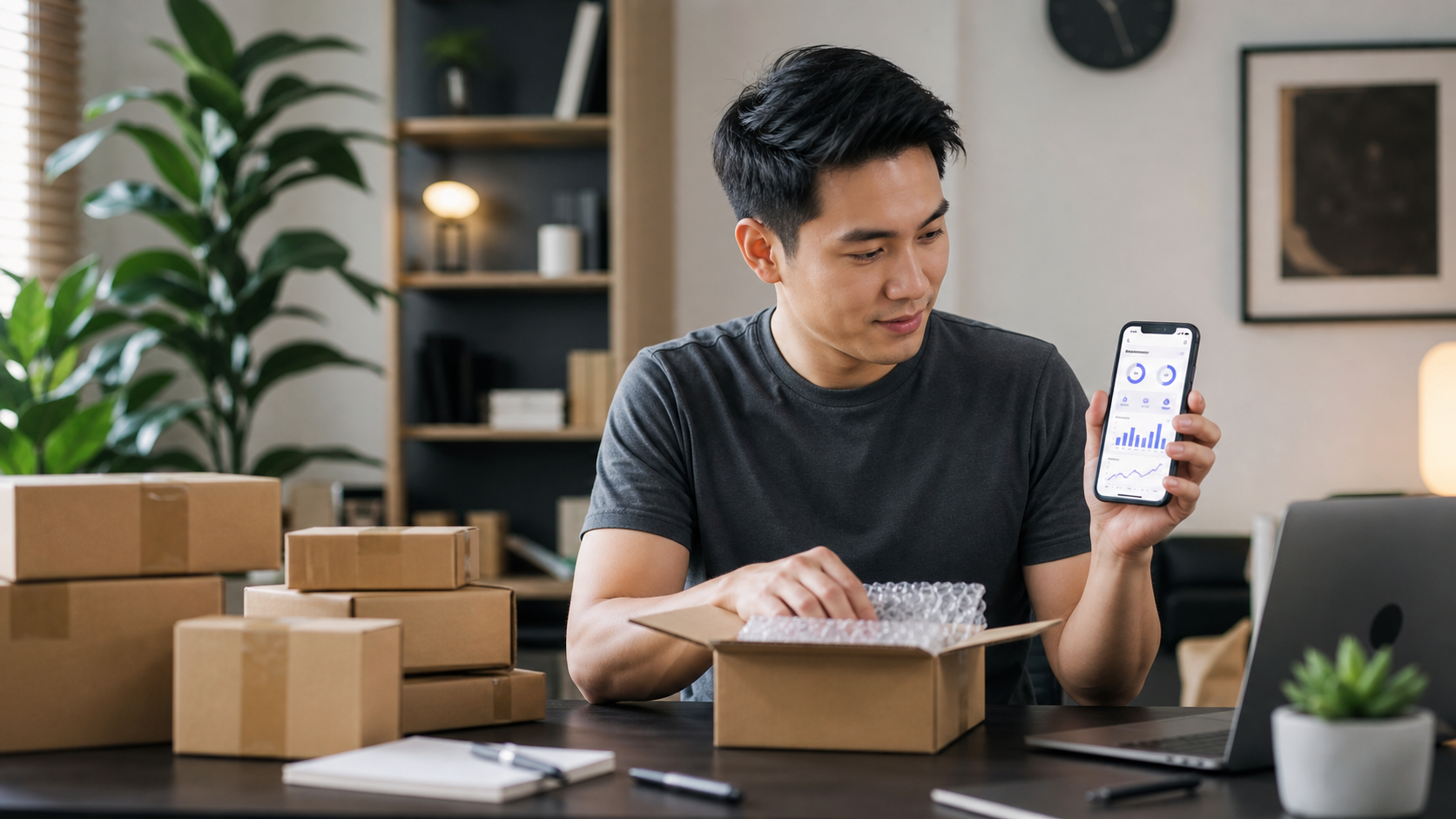 Bạn trẻ kinh doanh online đóng gói hàng tại nhà