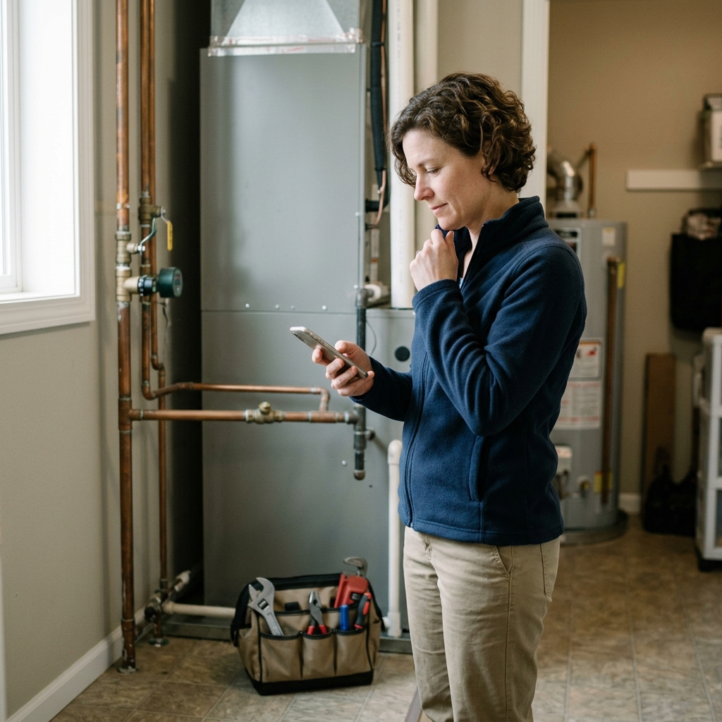 Homeowner checking phone before calling emergency repair