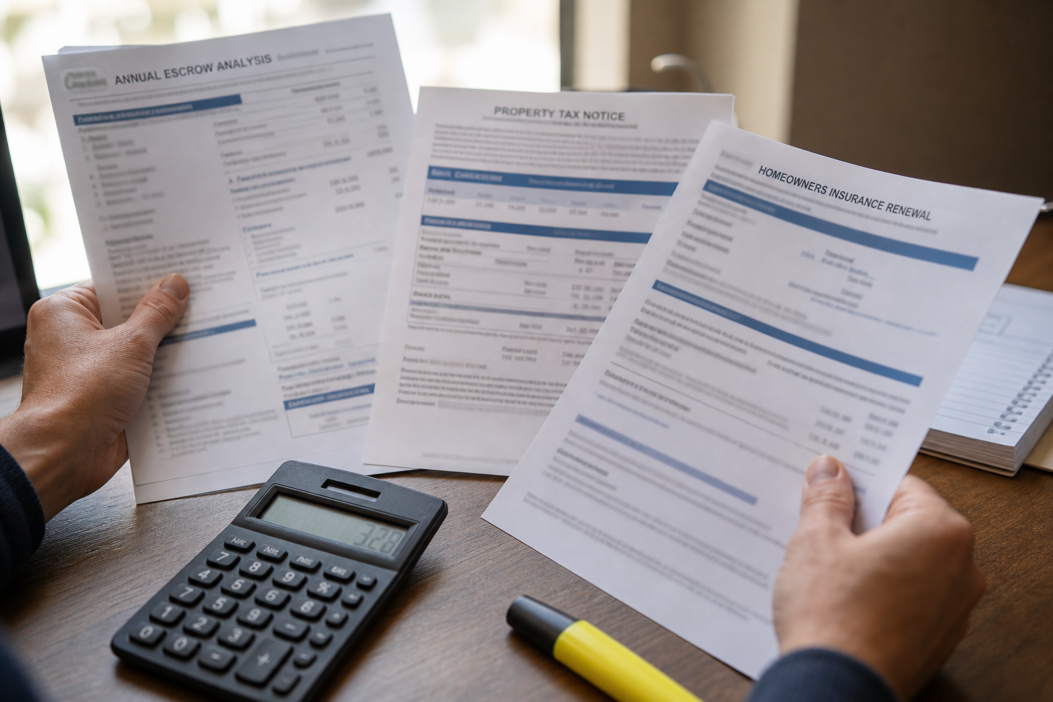 Đặt escrow analysis cạnh tax bill và insurance renewal giúp nhìn rõ phần thiếu và mức chi mới