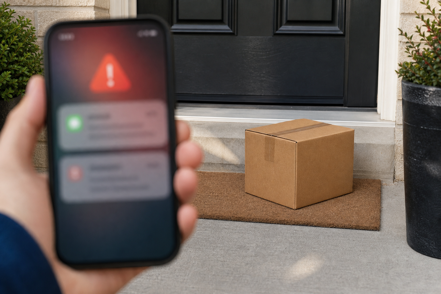 Package trước cửa và cảnh báo giao hàng đáng ngờ trên điện thoại