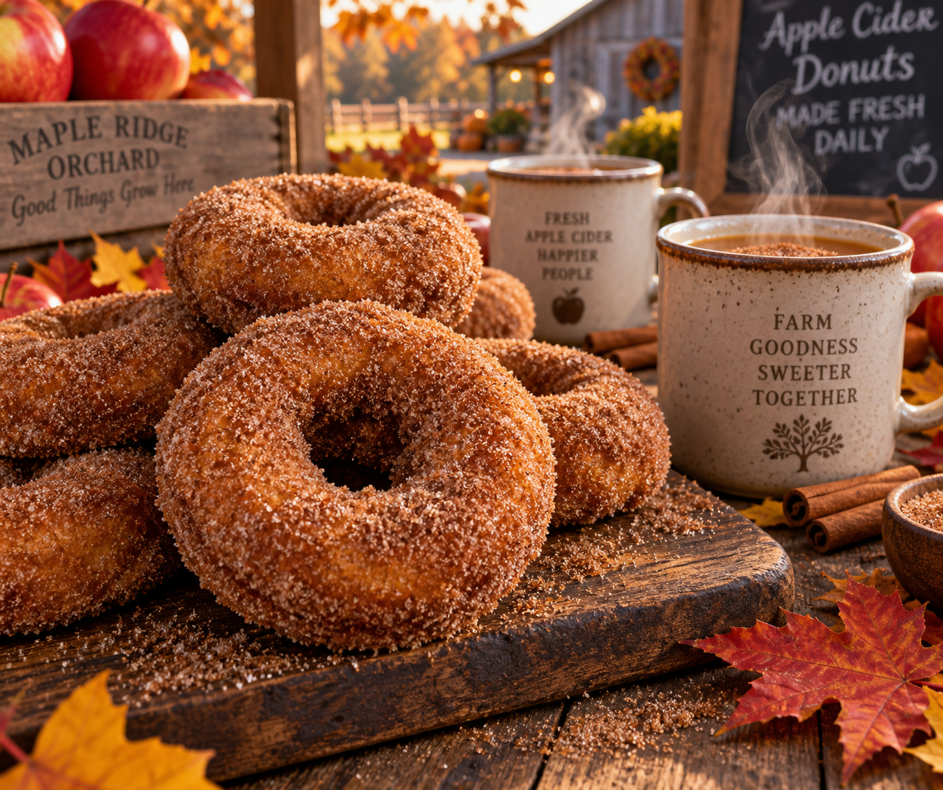 Mẹt bánh donut bột táo chiên giòn rắc đường quế ăn kèm ly nước táo ép nóng hổi nghi ngút khói