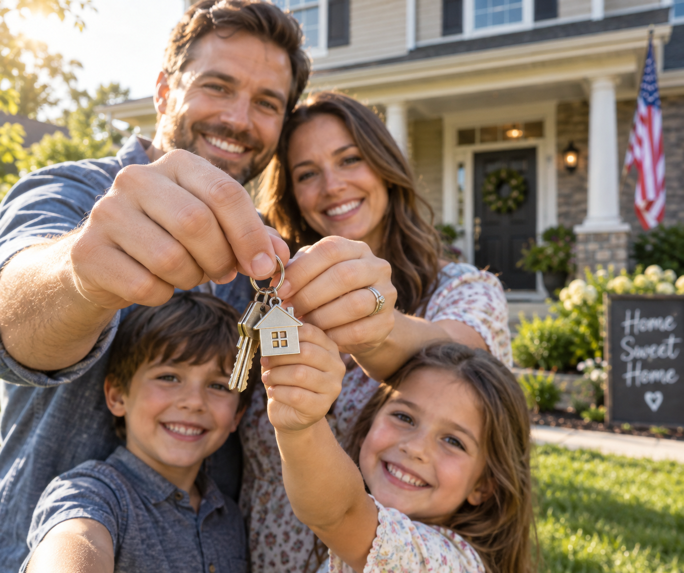 A family holding house keys together in the sunny front yard of their American suburban home, celebrating lasting security