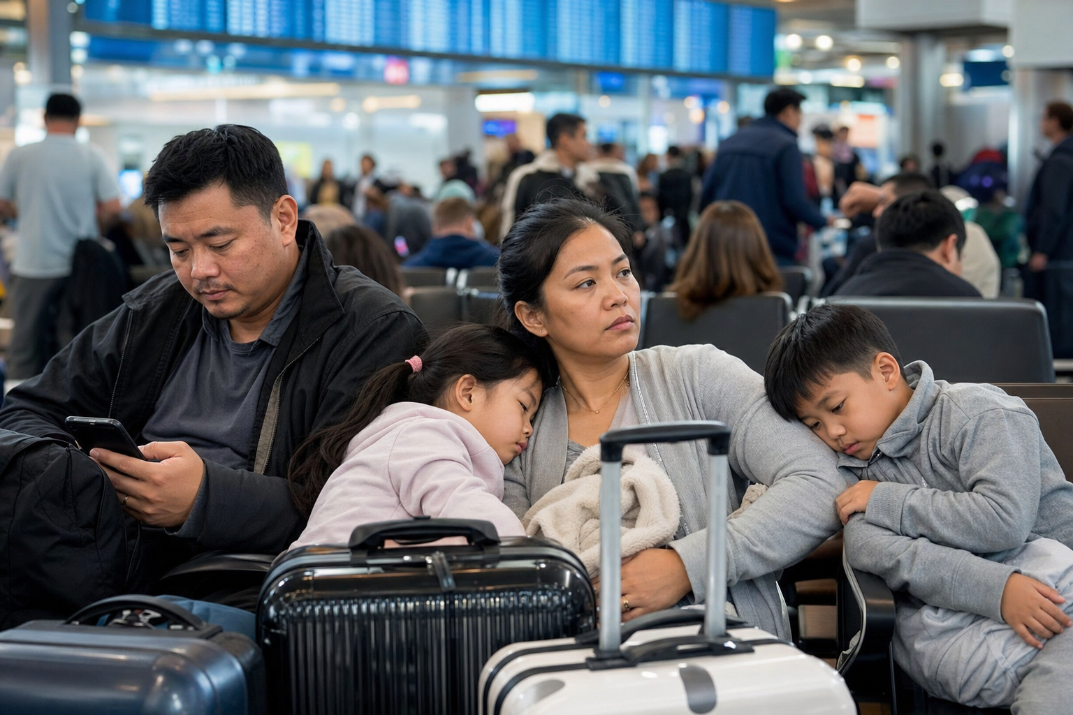 Gia đình Việt chờ tại cổng sân bay khi chuyến bay bị delay