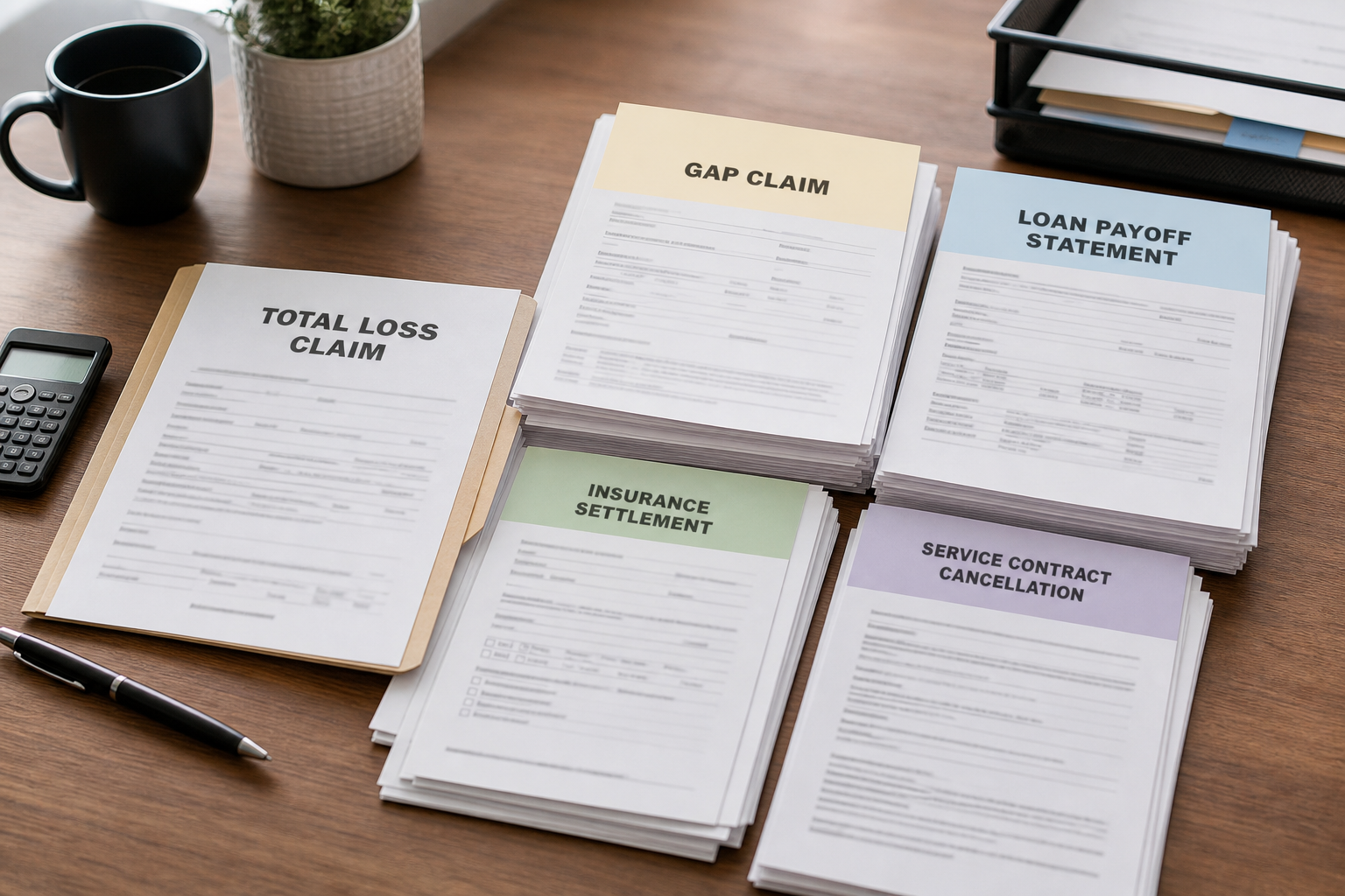 Total-loss settlement, loan payoff, GAP calculation và add-on refunds phải được theo dõi như bốn hồ sơ liên quan nhưng riêng biệt
