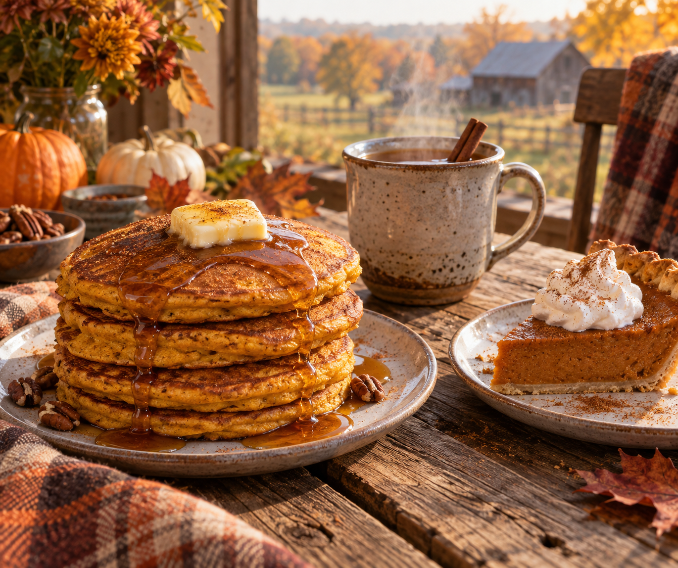Bữa sáng mùa thu ấm cúng với bánh pancake bí ngô mật ong, bánh pie và ly cider nóng