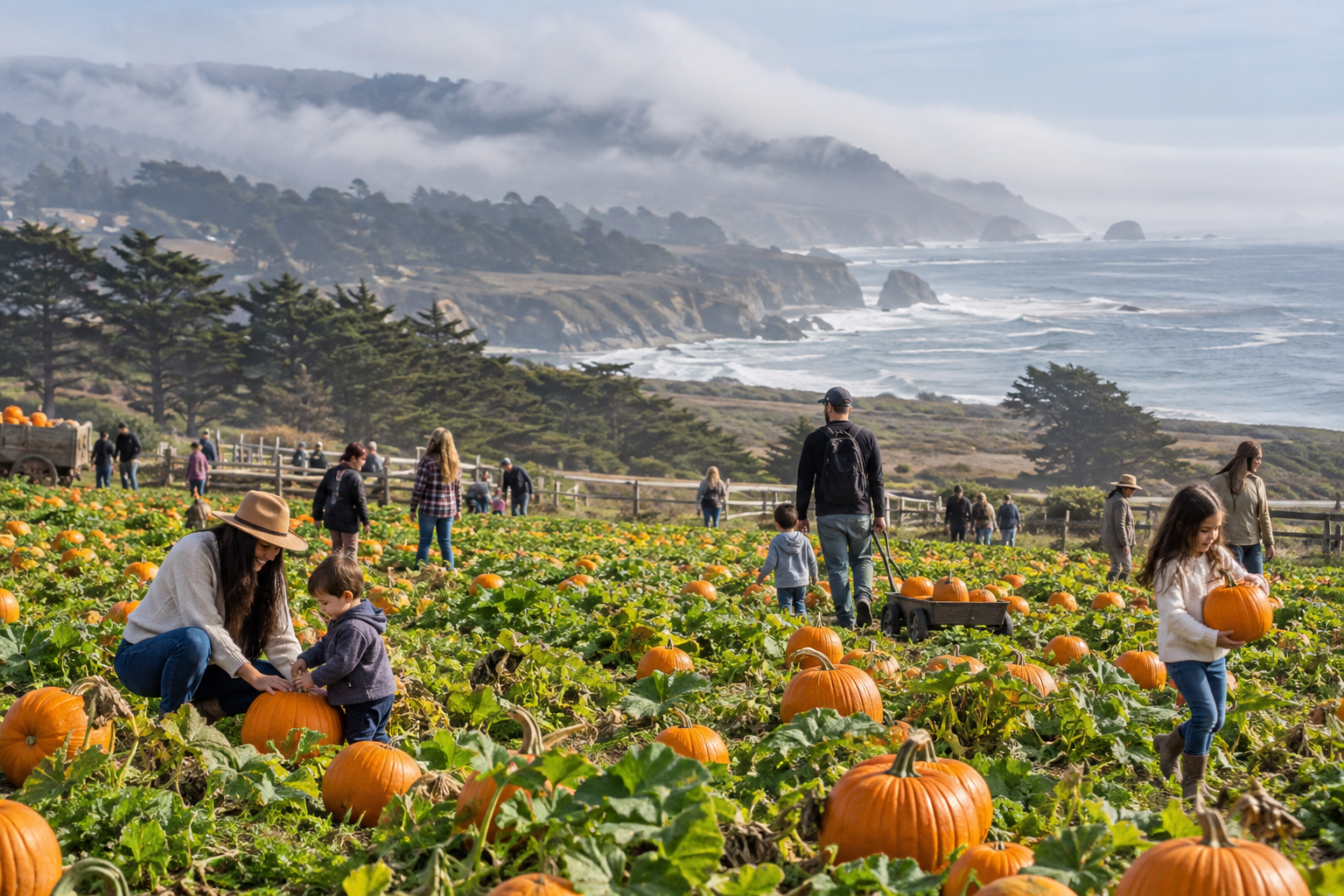 Cánh đồng bí ngô bạt ngàn hướng ra bờ biển Thái Bình Dương tại Half Moon Bay