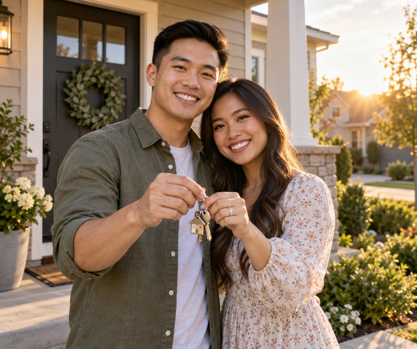 A joyful young couple smiling warmly on their front porch holding the keys to their newly purchased home