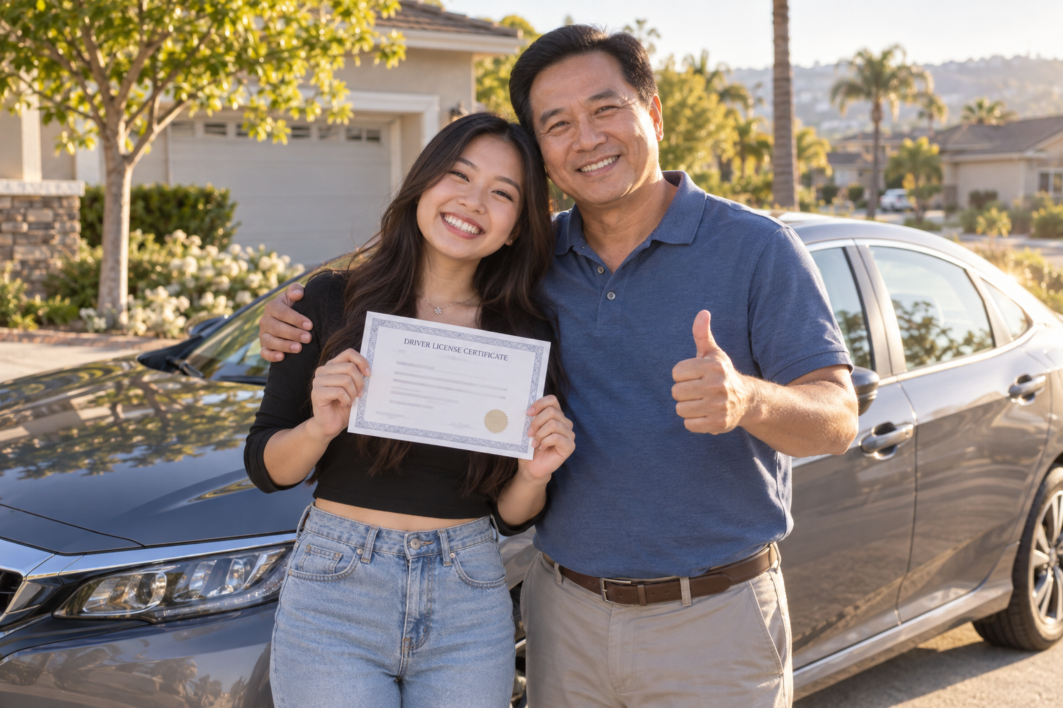 A happy young Vietnamese driver holding her new driving license certificate beside her family car