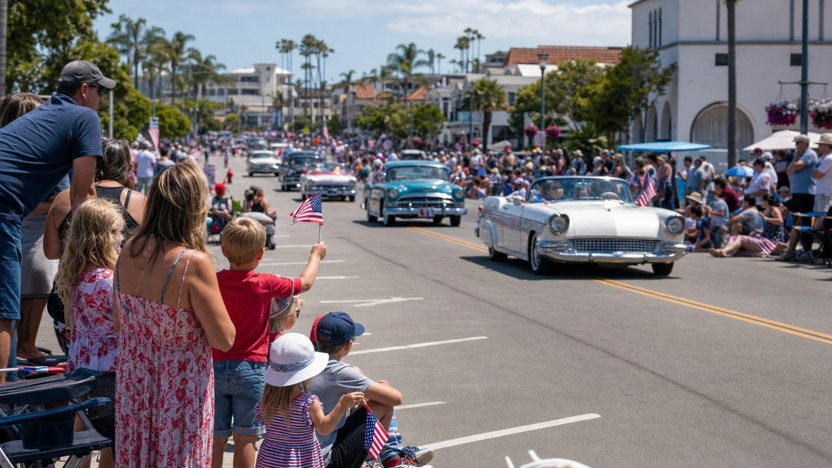 Families watching a Fourth of July parade in a sunny Southern California beach town