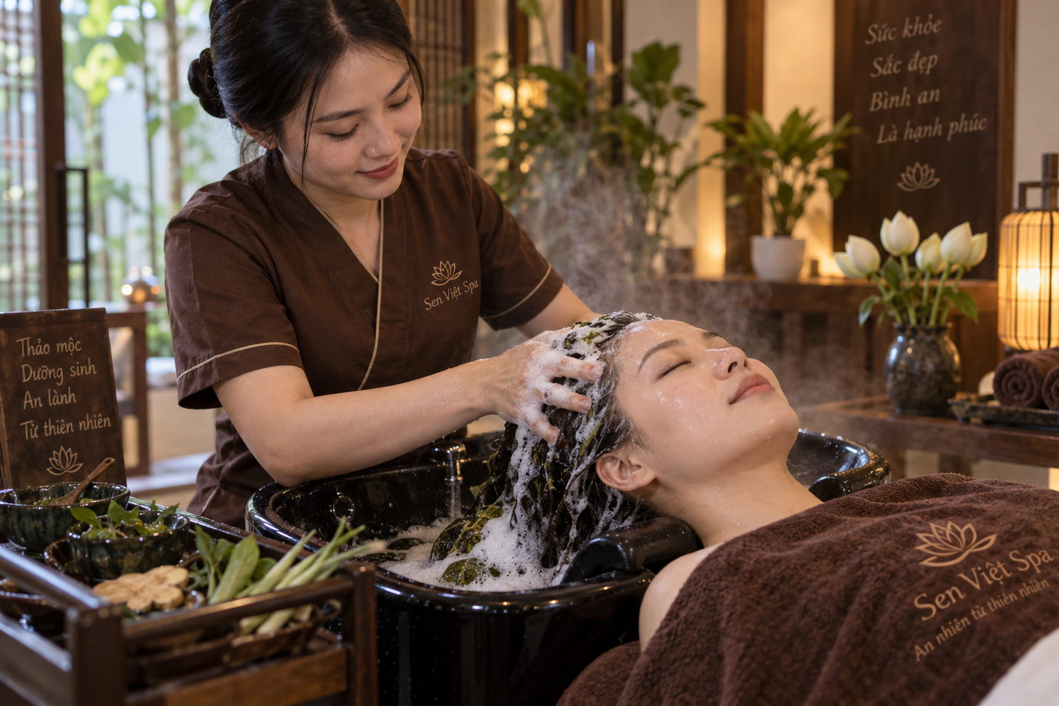 A skilled Vietnamese spa aesthetician gently massaging a client scalp using botanical herbal lather
