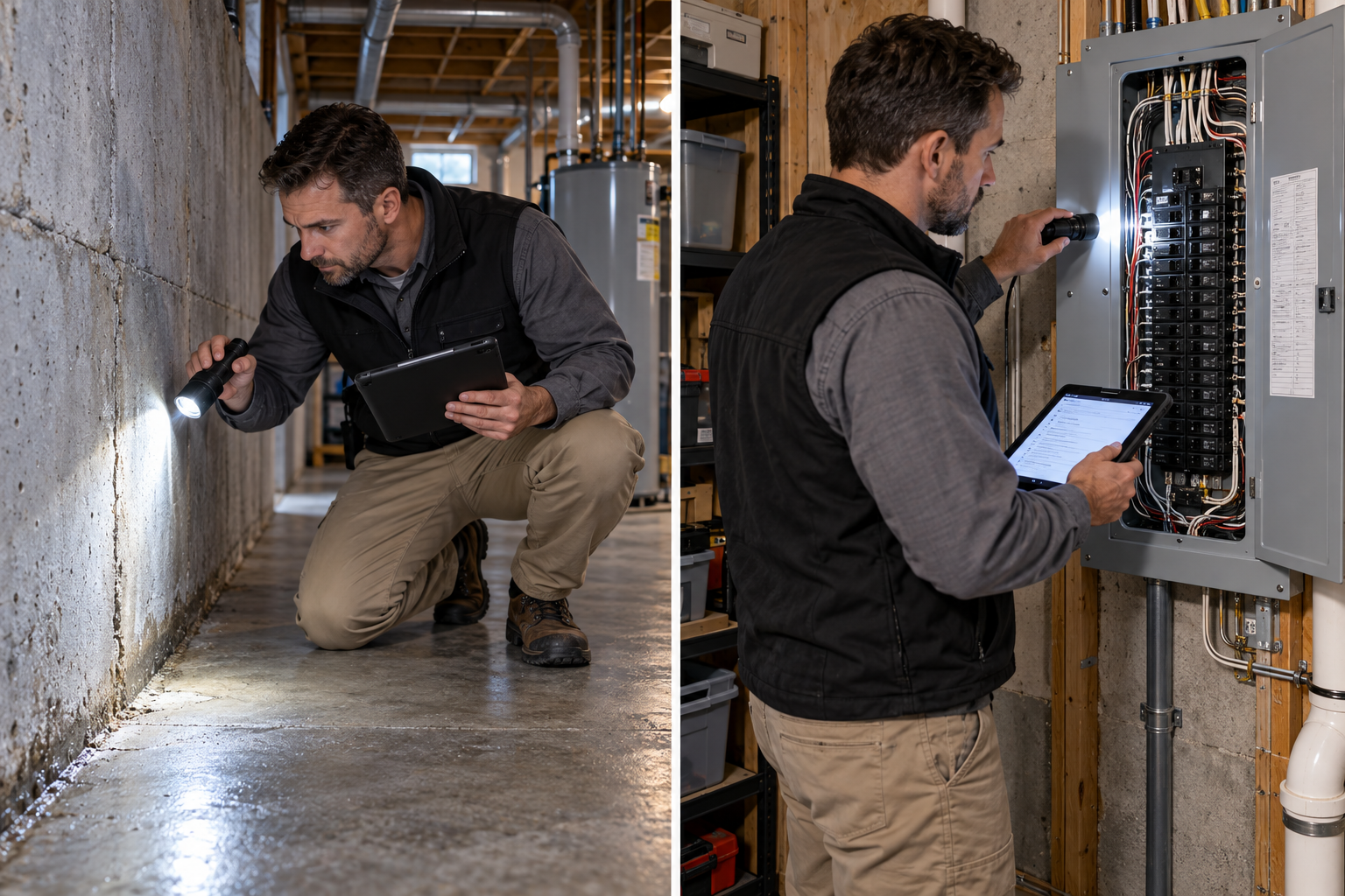 A professional certified home inspector examining the electrical panel and foundation of a house