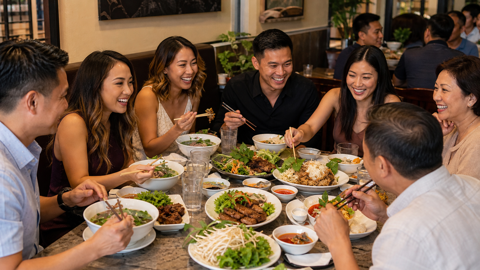 Bàn ăn Việt đông vui ở Houston Bellaire