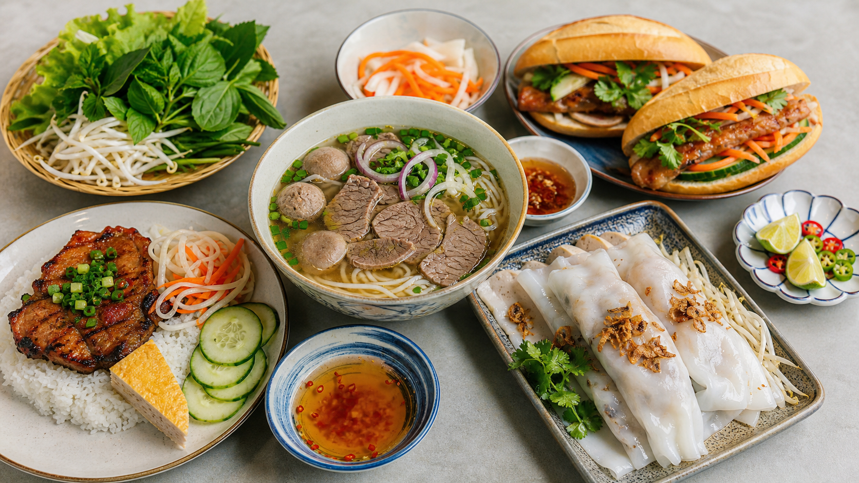 Các món Việt vùng miền bún bò bánh cuốn cơm tấm bánh mì