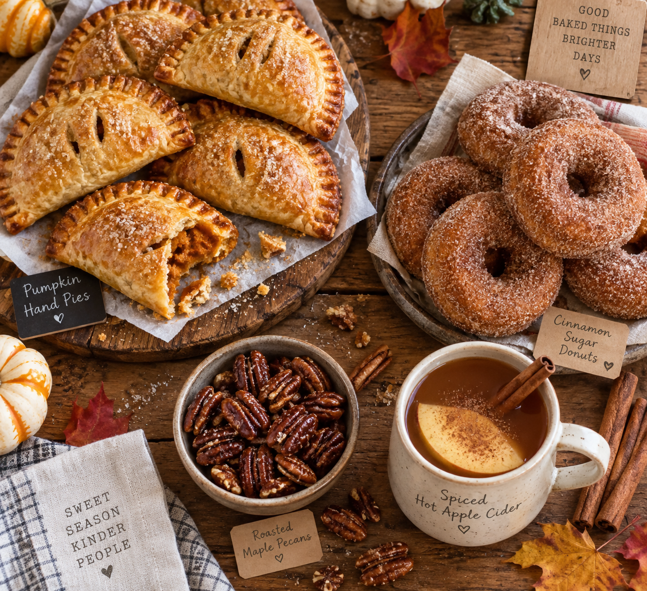 Overhead flat-lay photograph of a rustic wooden bakery table laden with golden-brown pumpkin hand pies, fresh cinnamon donuts, and spiced hot cider