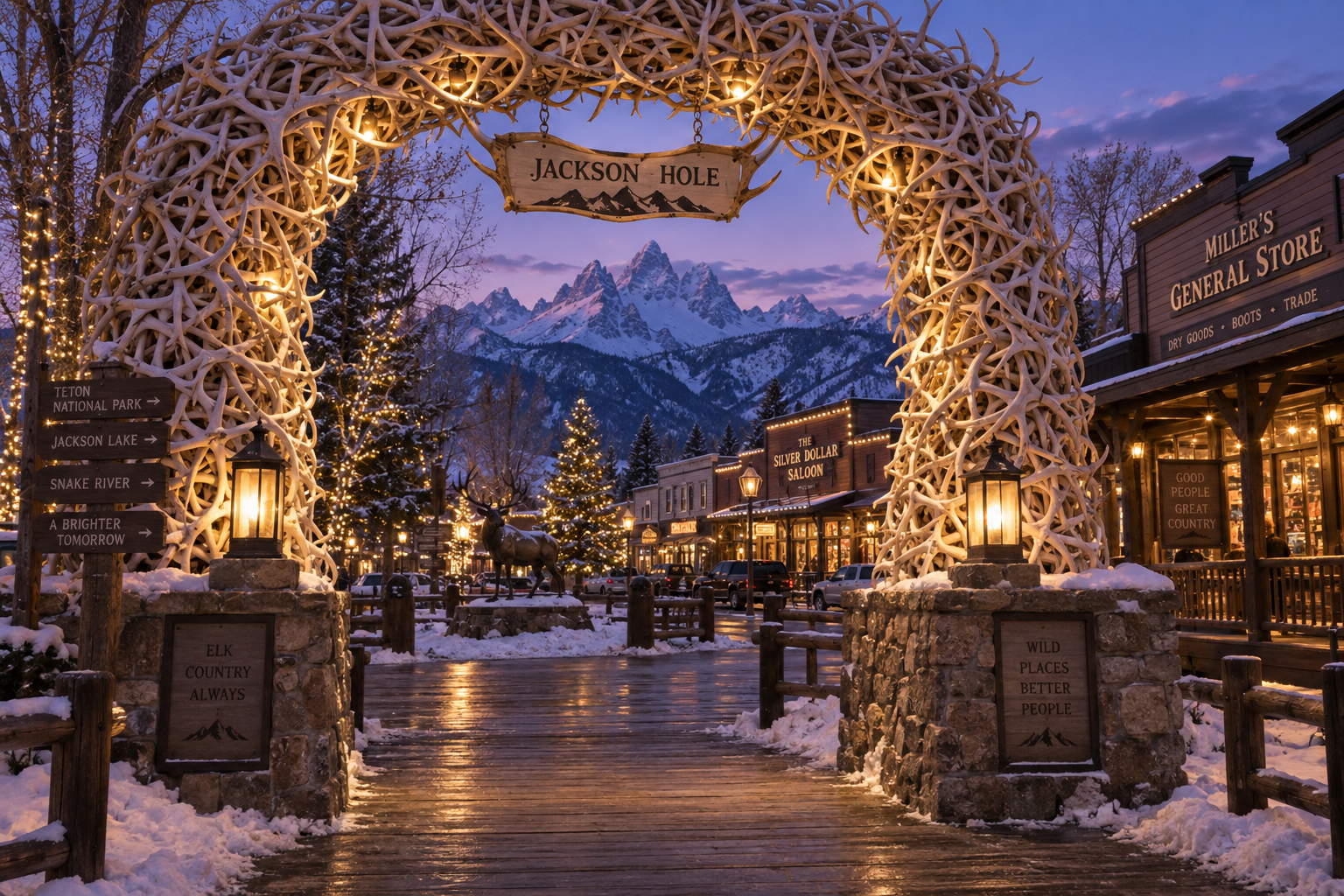 An eye-level atmospheric evening photograph of the historic Town Square in Jackson Hole Wyoming at twilight with the massive illuminated elk antler arch and wooden boardwalks