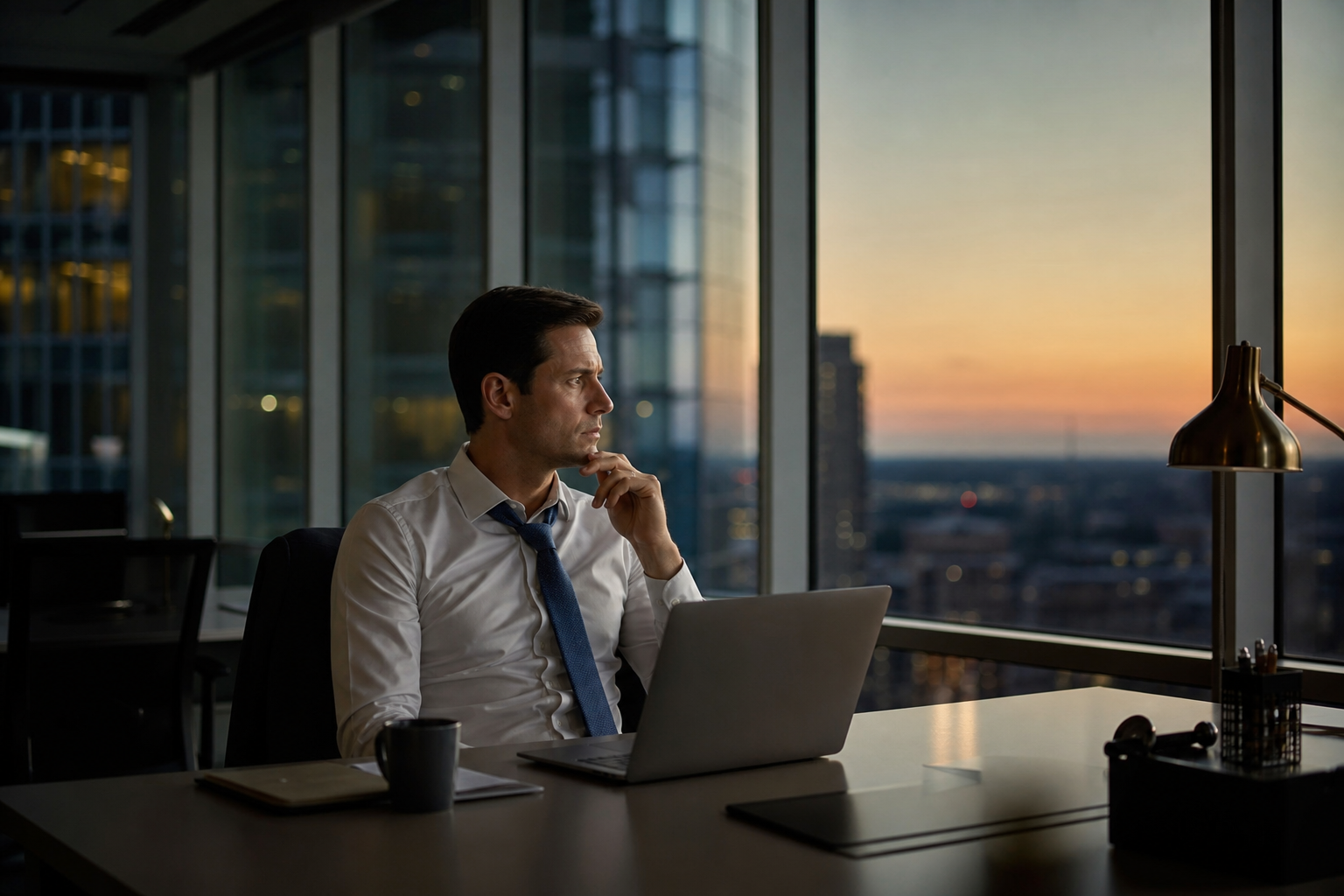 An office worker stays late, wondering whether leaving would be any safer